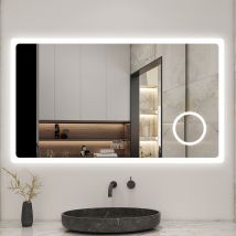 Aica Miroir Lumineux Rectangulaire 100 X 60cm, Bluetooth + 3 Couleurs + Dimmable + Grossissant + Horloge + Anti-buée + Mémoire, Miroir Salle De Bain -