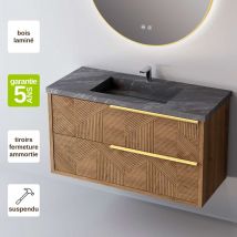 Meuble Salle De Bain Reel 61cm, Plan Vasque Grès Cérame, 2 Tiroirs Impression 3d Poignée Or, Finition Chêne Moyen, Hauteur 54cm X Profondeur 45cm - 
