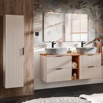 Ensemble Meuble Double Vasque 140cm 2 Niches Et Colonne Adriel Cachemire Bois Et Effet Pierre - Bricoman