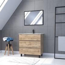 Meuble Salle De Bain 80x60 - Finition Chene Naturel + Vasque Blanche + Miroir - Timber 80 - Pack 45 - Tecnomat