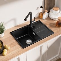 65x45cm Evier 1 Bac Evier À Encastrer Quartz Et Résine - Derw Max Noir Evier De Cuisine Avec Étagère - Bricoman