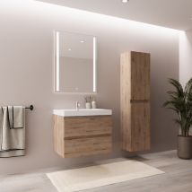 Ensemble Meuble Vasque 60 Cm Avec Colonne - Lomazoo Avalon - Chêne Clair - Lavabo Blanc - Bricoman