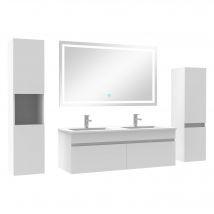 Meuble Salle De Bain 120cm Double Vasque + Colonne + Miroir Lumineux Blanc - Bricoman