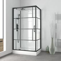 Cabine De Douche 110x80cm / Receveur Haut - Verre Transparent Sérigraphié Et Blanc - Profilés Noir - Bricoman