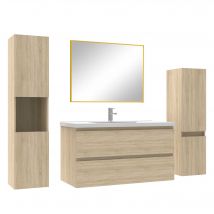 Ensemble Meubles Salle De Bain 100cm Vasque + Colonne + Miroir Mural Chêne Wotan - Bricoman