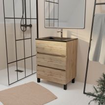 Meuble De Salle De Bains 60 Cm 3 Tiroirs Chêne Naturel + Vasque Céramique Noire - Timber - Bricoman