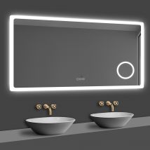 Miroir Lumineux, L.120 X H.70cm Miroir Grossissant 3x Avec Bluetooth + Horloge + 3 Couleurs + Dimmable + Anti-buée, Miroir De Salle De Bain Led -