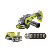 Pack Ryobi Meuleuse D'Angle Brushless 18v One+ R18ag7-0 - 1 Batterie 18v 5.0ah - 1 Chargeur Rapide - Kit De 6 Disques 125 Mm - Bricoman