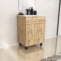 Meuble De Salle De Bains 60 Cm Timber - Décor Chêne Naturel À Portes Avec Vasque Céramique Blanche - Bricoman