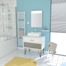 Meuble Salle De Bain Scandinave Blanc Et Gris 80cm Avec Tiroirs, Vasque A Poser - Miroir - Bricoman