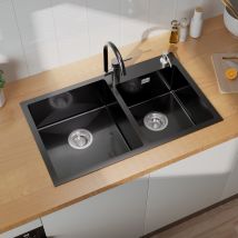 Evier De Cuisine En Inox Évier Double Bac Avec 2 Trous De Montage Evier De Cuisine Kit Avec Distributeur Savon/ Siphon, 75x45x19cm,noir - Bricoman