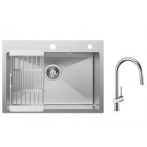 Cecipa Max Évier Cuisine 1 Bac 60×45×18cm Évier Inox Brossé Avec Panier De Drainage + Mitigeur De Cuisine Avec Douchette Extractible Brossé - Bricoman