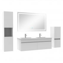 Meuble Salle De Bain 120cm Double Vasque + Colonne + Miroir Led Blanc - Bricoman