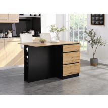 Ilot Central De Cuisine Avec 6 Tiroirs Et 4 Niches En Mdf - Naturel Clair Et Noir - Pomarela - Bricoman
