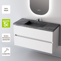 Meuble Salle De Bain Ancona 100cm – Plan Vasque Grès Cérame, 2 Tiroirs, Finition Blanc Brillant, H 54cm X P 45cm - Tecnomat
