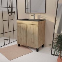 Meuble De Salle De Bains 70 Cm Timber - Décor Chêne Naturel À Portes Avec Vasque Noire - Bricoman