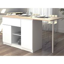 Ilot Central De Cuisine Avec 2 Portes, 1 Tiroir Et 2 Niches - Blanc Et Naturel - Tunori - Bricoman
