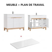 Meuble Sous Lavabo De Salle De Bain Avec Pieds - Blanc Alpin - L100-h84-p46 - Java + Plan De Vasque En Bois Blanc Alpin L-100-p46-h2,5 - Bricoman