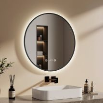 Emke Miroir Lumineux Salle De Bain Rond Diamètre 70cm Cadre Noir, Miroir Led, Interrupteur Tactile, Anti-buée, Horloge Et Temperature, Lumière Neutre 
