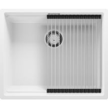 Evier Cuisine En Granit Blanc 56x47cm, Lavabo 1 Bac + Kit De Vidage + Égouttoir Enroulable, Évier À Encastrer Au Meuble 60cm - Prague Slim Primagran -