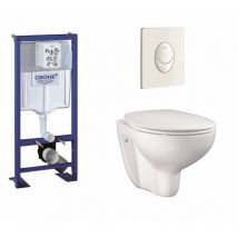 Pack Wc Grohe Rapid Sl + Cuvette Grohe Sans Bride Bau Ceramic + Plaque Blanche - Bricoman