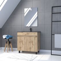Pack Meuble Sdb 80cm Sur Pieds 2 Portes Chene_vasque Noire + Miroir Led - Timber 80_pack23 - Bricoman