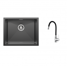 2 En1 Évier De Cuisine 1 Bac 55*44*19cm, À Encastrer/fleur/ Sous-plan, Noir+robinet De Cuisine Flexible Bec Haut Orientable - Bricoman