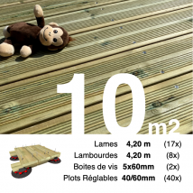 Kit Complet Terrasse Pin Autoclave Vert Pour 10 M² • Lames 4,2 M, Lambourdes 4,2 M, Plots Réglables Et Visserie Inox - Bricoman