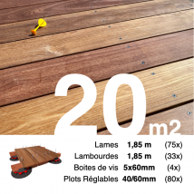 Kit Complet Terrasse Bois Exotique Cumaru Pour 20 M² • Lames 1,85 M, Lambourdes 1,85 M, Plots Réglables Et Visserie Inox • Livraison Gratuite - 
