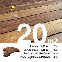 Kit Complet Terrasse Bois Exotique Cumaru Pour 20 M² • Lames 1,85 M, Lambourdes 1,85 M, Plots Réglables Et Visserie Inox • Livraison Gratuite - 