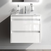 Meuble Salle De Bains Avec Vasque En Céramique Meuble Simple Vasque Suspendu 60cm Effet Bois Clair Avec Lavabo Intégré, 2 Tiroirs, Design, Blanc Am.pm