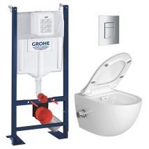 Grohe Pack Wc Bâti Autoportant Rapid Sl + Wc Sans Bride Avec Fonction Bidet Thermostatique + Plaque Chrome (projectsatclean-1) - Bricoman