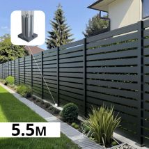 Kit Clôture Ajourée Aluminium Olinda Anthracite 5,5x1,8m Poteaux Sur Platines - Dimension Des Lames : 21x100x1780 Mm - Brise Vue - Palissade - 