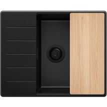 Evier Cuisine En Granit Tout Noir 62x50cm, Lavabo 1 Bac + Kit De Vidage + Planche À Découper, Évier À Encastrer Au Meuble 50cm - Copenhague Primagran 
