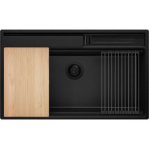Evier Cuisine En Granit Tout Noir 88x53cm, Lavabo 1 Bac + Kit De Vidage + Accessoires, Évier À Encastrer Au Meuble 90cm - Oslo Pocket Primagran - 