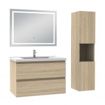 Ensemble Meubles Simple Vasque 80cm,colonne + Miroir Lumineux Chêne Wotan - Ocean - Bricoman