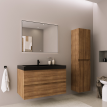 Ensemble Meuble Vasque 80 Cm Avec Colonne - Lomazoo Avalon - Chêne Chaud - Lavabo Noir - Bricoman