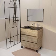 Meuble De Salle De Bains 70 Cm Timber - Décor Chêne Naturel 3 Tiroirs Avec Vasque Noire - Tecnomat