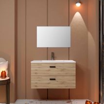 Meuble Salle De Bain 80cm Suspendu 2 Tiroirs Décor Bois Avec Vasque Et Miroir - Box-in - Bricoman