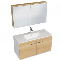 Rubite Meuble Vasque Simple Encastrée L. 100 Cm + Miroir Armoire 2 Portes Chêne Clair Salle De Bain - Bricoman