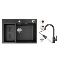 Evier 1 Bac 70x45cm Noir Evier En Quartz Et Résine Avec Panier De Vidange Et Distributeur De Savon + Noir Mitigeur Evier Avec Douchette Extractible - 