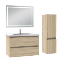 Ensemble Meubles Salle De Bain 80cm Vasque + Colonne + Miroir Lumineux Chêne Wotan - Ocean - Bricoman