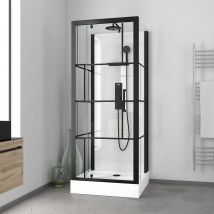 Cabine De Douche Carrée 80x80x213 Cm - Porte Pivotante - Fond Blanc Et Profilés Noir Mat - Rubiq - Bricoman