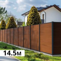 Kit Clôture Bois Composite Teck 14,5x1,8m Santos - Poteaux En Aluminium Gris - Brise Vue - Palissade - Bricoman