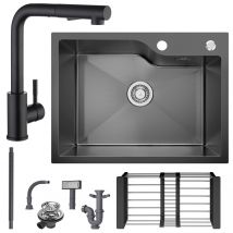 Évier Inox Noir Avec Panier De Drainage 60×45cm Évier De Cuisine 1bac + Mitigeur De Cuisine Avec Douchette Extractible Noir - Bricoman