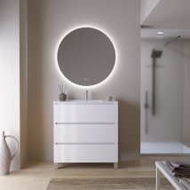 Feel Your Bath, Meuble De Salle De Bain Jaguar Blanc 80 Cm, 3 Tiroirs, Vasque Céramique Intégrée Et Miroir Rond Led Antibuée - Bricoman