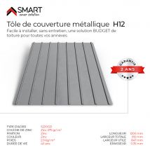 Tôle Bac Acier - Toiture - Couverture - Plaque H12 Galvanisé Dimensions 1200x910x0.35 Mm Zinc 275 Gr S220gd - Bricoman