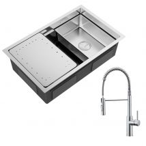 Cecipa Max Évier Cuisine 1 Bac 70×44cm Évier À Encastrer Inox Brossé Avec Egouttoir Et Vasque + Mitigeur À Ressort Brossé Avec Douchette Extractible -