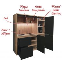 Kitchenette / Mini-cuisine Arche 186cm Noire Valino - Inclus : Plaque De Cuisson, Hotte, Évier, Robinetterie, Led - Bricoman