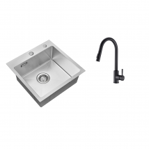 Évier Cuisine 1 Bac 45x45cm Acier Inoxydable 304 ,encastré Et À Poser+robinet De Cuisine Noir, Inox Extractible Rotatif À 360 °, 2 Fonctions - 